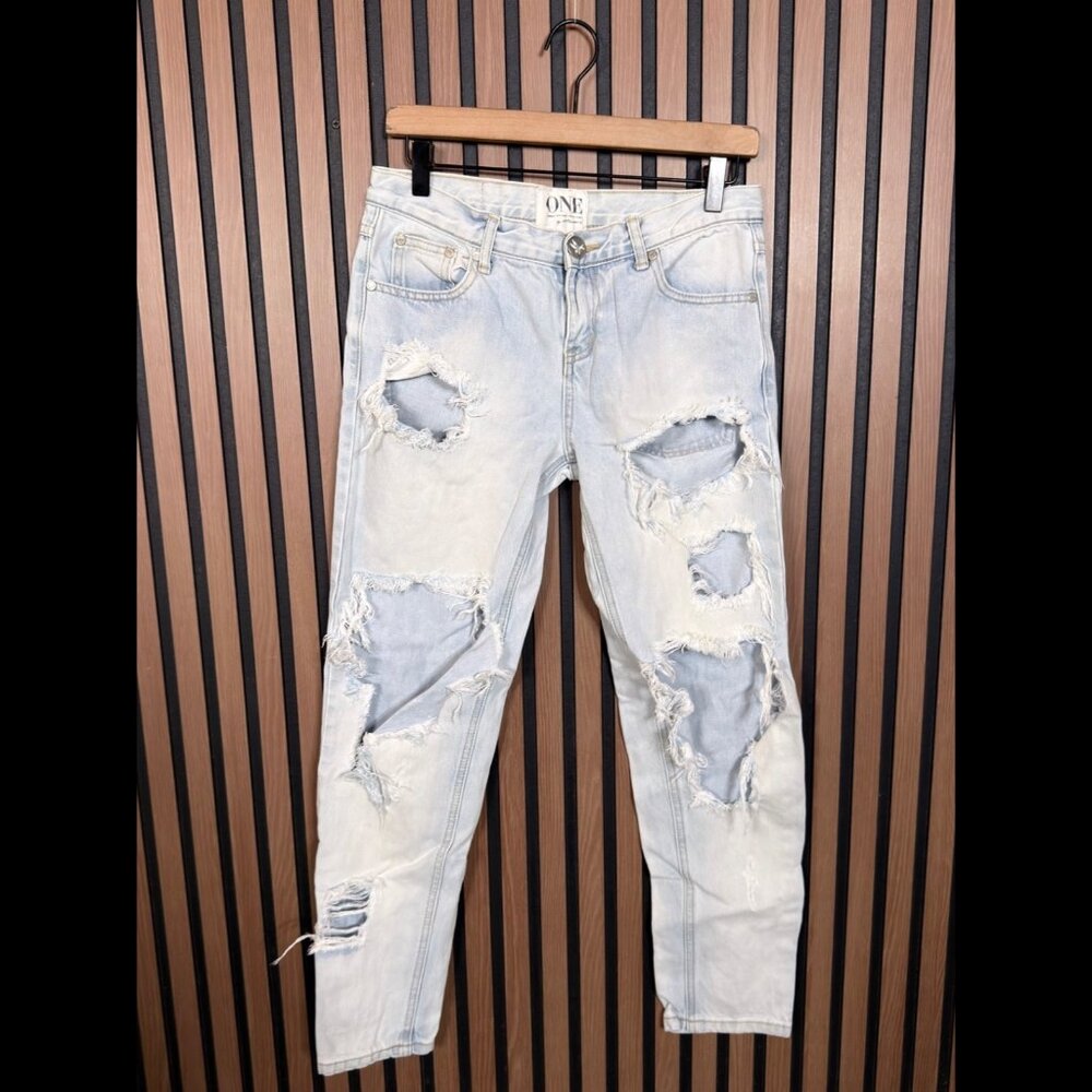 One x Teaspoon Jeans 26 Womens Blue Acid Wash Destroyed Low Rise Denim Skinny